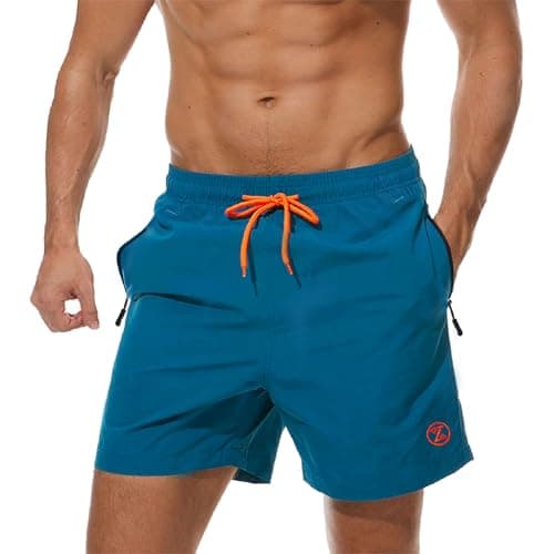 Image of ZOXOZ Mens Swim Shorts with Zip Pockets Swimming Shorts Board Shorts Waterproof Quick Dry Beach Swim Trunks Summer Casual Surf Shorts Mesh Lining Peacock Blue L