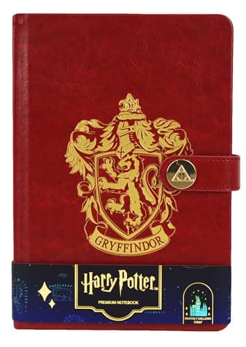 Image of Licensed Harry Potter House notebook journal, parchment paper, house logo, house history, Gold printed house crest logo in front, Hogwarts, Gryffindor, Slytherin, Hufflepuff and Ravenclaw (Gryffindor)