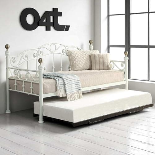 Image of OAT Home Mayfair White & Polished Brass Single Metal Day Bed Frame with Optional Black Guest Trundle, Victorian French Style (White With Black Trundle)