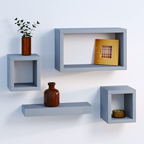 Image of URBNLIVING Set Of 4 Wall Hanging Wooden Floating Cube Shelves (Cool Grey)