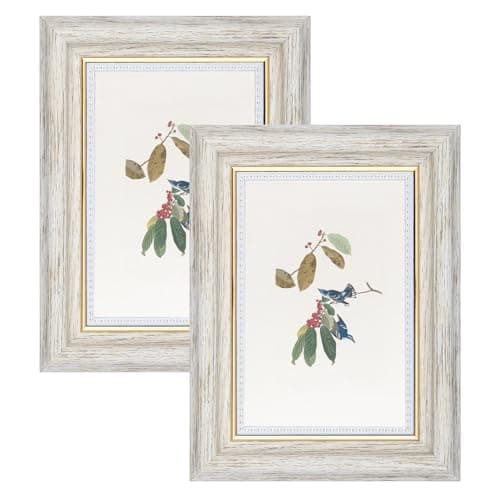 Image of YoHyien 6x4 Vintage Photo Frames Set of 2, Distressed Shabby Chic Picture Frames with Mount for Wall Hanging, Landscape and Portrait Retro Postcard Frame for Desktop Display (White, 6 x 4 in)