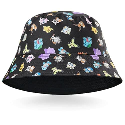 Image of Pokemon Baseball Cap Sunglasses Boys Girls Bucket Hat for Kids Unisex Pikachu Adjustable Strap Summer Accessories Sun Hat for Kids Snapback Hat Pokemon Gifts (Black Bucket Hat)