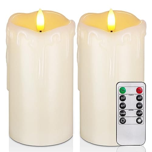 Image of Homemory Real Wax Battery Operated Candles Flickering, Fake Electric Candles with Remote Control and Timer, Led Pillar Candles Melted Dripping Design for Indoor Home Decoration, Ivory White, Set of 2