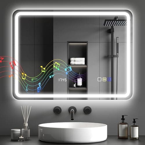 Image of HOMCOM 600 x 800 mm Bluetooth Bathroom Mirror with LED Lights, Illuminated Backlit Wall Mounted Vanity Mirror with 3 Colours Dimmable, Clock, Anti-Fog, Memory & Touch Switch, IP44