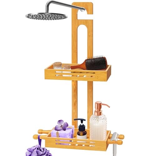 Image of SereneLife Bamboo Hanging Shower Caddy with 2 Tiers, Anti-Slip Design for Bathroom Essentials, Self-Draining Shelves for Easy Organization