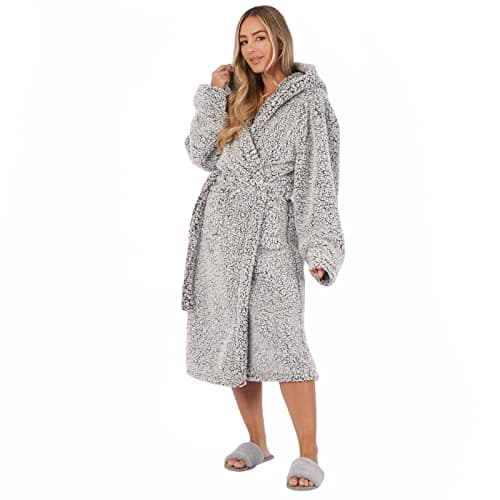 Image of Brentfords Dressing Gown Womens Teddy Marl, Mothers Day Gifts Bathrobe with Hood & Pockets Soft Warm Comfy Luxury Oversized Fluffy Mens Dressing Gowns, Charcoal Grey One Size