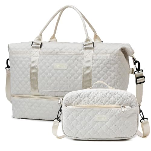 Image of Outplea 55L Travel Bag for Women, Large Overnight Weekender Bag with Shoe Compartment & Wet Pocket, Hospital Holdall with Toiletry Bag, White