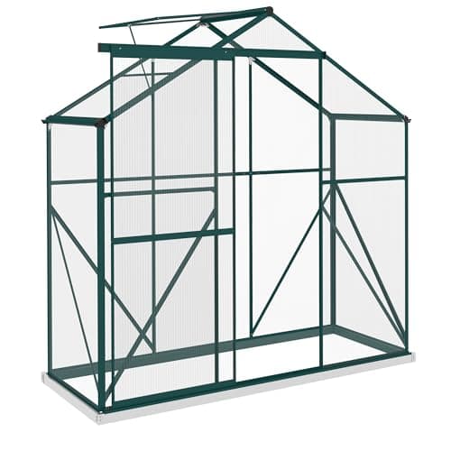 Image of Outsunny 6 x 2.5ft Polycarbonate Greenhouse, Walk-In Green House with 5-Level Roof Vent, Rain Gutter, Sliding Door, Garden Plants Grow House with Aluminium Frame and Foundation, Green
