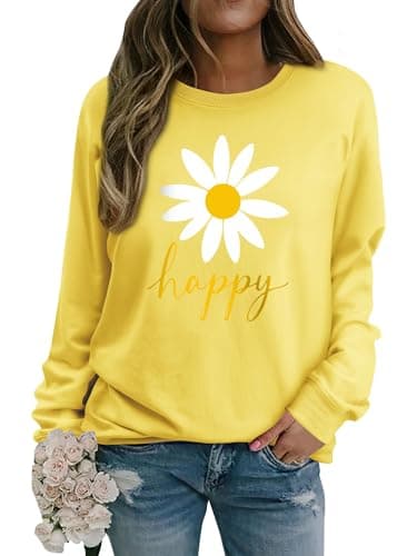 Image of Yihelian Sweatshirts for Women Slogan Flower Graphic Printing Top Long Sleeve Crew Neck Shirt Casual Fashion Loose Blouse