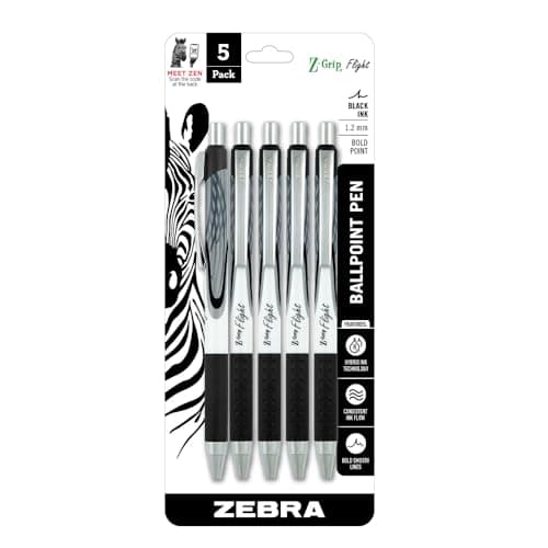 Image of Zebra Pen Z-Grip Flight Retractable Ballpoint Pen, Bold Point 1.2mm, Black Ink, School Supplies, Teacher Supplies, and Office Supplies, Smooth Writing, Quick-Drying, 5-Pack (21915)