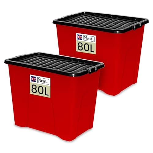 Image of Neat. 80L Storage Boxes with Lids - Red Base & Black Clip Lid Ideal for Home Organisation, Durable, Space-Saving Plastic Box with Lid Storage Solutions Great for Bedroom, Garage & Office Use Pack of 2