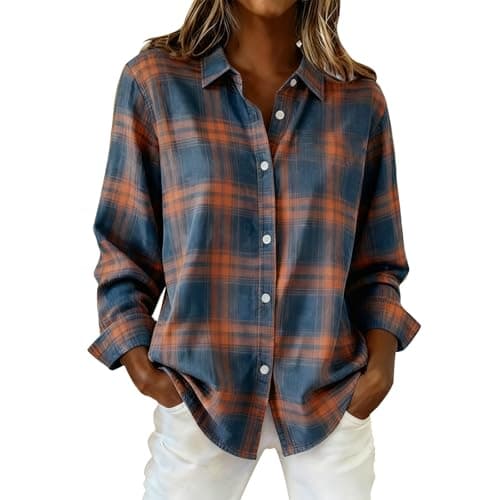 Image of Checked Shirt Womens Plaid Shirt Casual Long Sleeve Flannel Shirts Ladies Cowboy Boyfriend Shacket Jackets Basic Blouse Tops Soft Comforty Daily Wear for Spring Autumn Outings (Blue, S)
