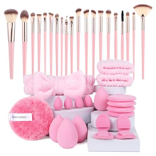 Image of Vicloon Makeup Brushes, 40Pcs Professional Makeup Brushes Set, Premium Synthetic Foundation Face Powder Concealers Eyeshadow Blush, Comfortable-Pink