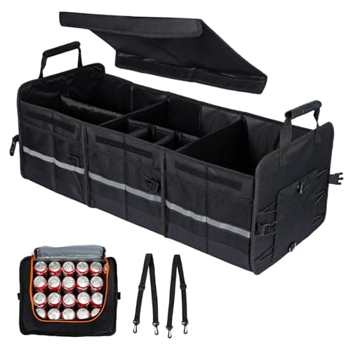 Image of GreenWhim XXL Car Boot Organiser with Insulated Cooler Extra Large Foldable Storage Box with Lid Heavy Duty Waterproof Trunk Organiser with Adjustable Dividers for SUV, Van, Home