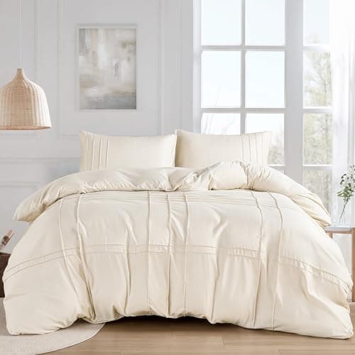 Image of Guchuang Bedding Boho Pintuck Pinch Pleated Beige King Size Duvet Cover Set 3 Piece Tufted Duvet Cover for All Season Soft Breathable Microfiber Bed Cover 220x230cm