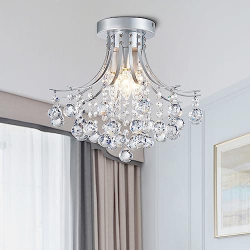 Image of BESTIER Modern Silver Crystal Semi-Flush Mount Chandelier Lighting Ceiling Light Fixture Lamp for Diningroom Bathroom Bedroom Livingroom 3 E14 Bulbs Required D34cm X H30cmh