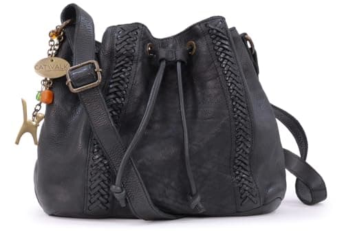 Image of Catwalk Collection Handbags - Women's Crossbody Bag - Medium Drawstring Bucket Bag - Washed Vintage Leather - Francesca - Black
