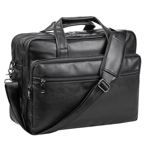 Image of seyfocnia Leather Laptop Bag, Men's 17.3 Inch Messenger Briefcase Business Satchel Computer Handbag Shoulder Bag Fits 17.3 Inch Laptop Computer (Black)