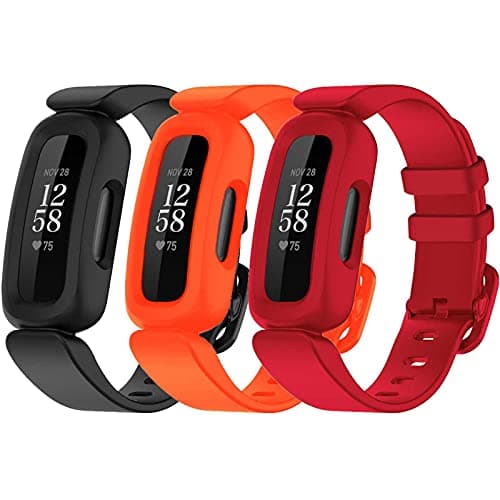 Image of TopPerfekt Straps Compatible with Fitbit Ace 3 for Kids, Soft Silicone Waterproof Bracelet Accessories Sports Watch Strap Replacement for Fitbit Inspire 2/Ace 3 Boys Girls (3-Black, Orange, Red)
