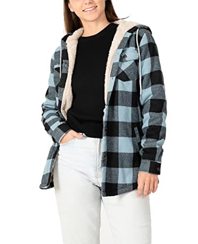 Image of ZENTHACE Womens Plaid Jacket Sherpa Fleece Lined Hooded Flannel Jackets for Women with Hood Fall Coat Buffalo Ice Blue L
