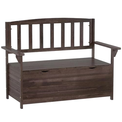 Image of Outsunny Outdoor 2 Seater Garden Bench, Wooden Bench with Storage, Garden Storage Bench with Backrest, Arm Rests for Outdoor Patio Porch, 112 x 84 x 58 cm, Brown