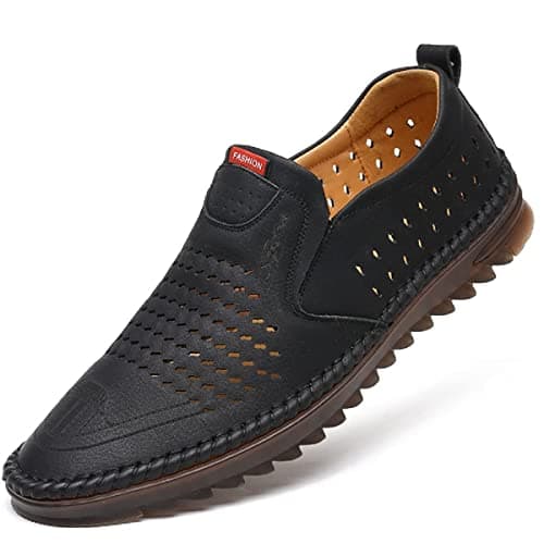 Image of Men’s Loafers, Leather Slip On Moccasins Penny Loafers, Breathable Driving Walking Lightweight Casual Shoes,UK9,Black Hollow
