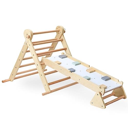Image of Mamabrum Wooden Climbing Frame with Adjustable Ladder & Wall - Indoor Play Triangle for Children 3+ Years - Safe Balance Beam & Motor Skills Development Toy - Holds up to 50kg