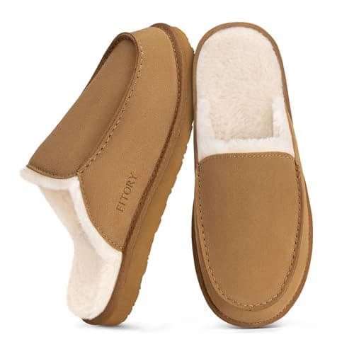 Image of FITORY Men's Warm Suede Slippers,Winter Comfy Casual Fuzzy Lined Leather House Shoes for Indoor Outdoor Matte Brown Size 10.5
