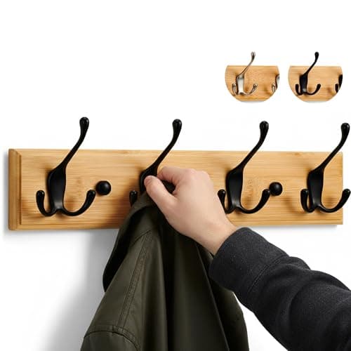 Image of LARHN Wooden Coat Hooks - Wall Mounted Coat Rack - 4 Triple Black Coat Hooks for Wall on Bamboo - 42 cm - All Fixings Included for Quick & Easy Installation