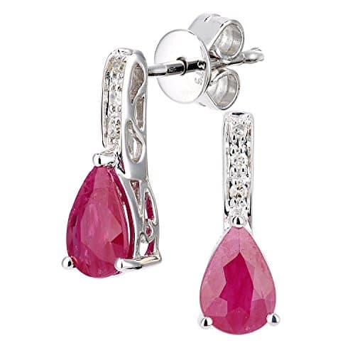 Image of Naava Women's 9ct White Gold Diamond and Ruby Gemstone Teardrop Cut Drop Earrings