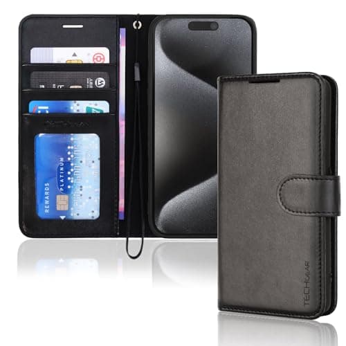 Image of TECHGEAR iPhone 15 Pro Max Leather Wallet Case, Flip Protective Case Cover with Wallet Card Holder, Stand and Wrist Strap - Black PU Leather with Magnetic Closure Designed for iPhone 15 Pro Max 6.7"