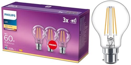 Image of Philips GLS Clear Filament LED Light Bulbs, B22, 7W, 806 Lumens, 60W Equivalent, Warm White 2700K - 3 Pack