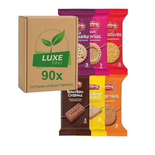 Image of Assorted Biscuit Mini Packs – Bourbon, Custard Creams, Digestives, Ginger Nuts – 6 Varieties – 15 of Each Flavour (90 Packs) – Catering, Hotel & Office Snacks – Compatible for Crawfords By Luxe Bitez