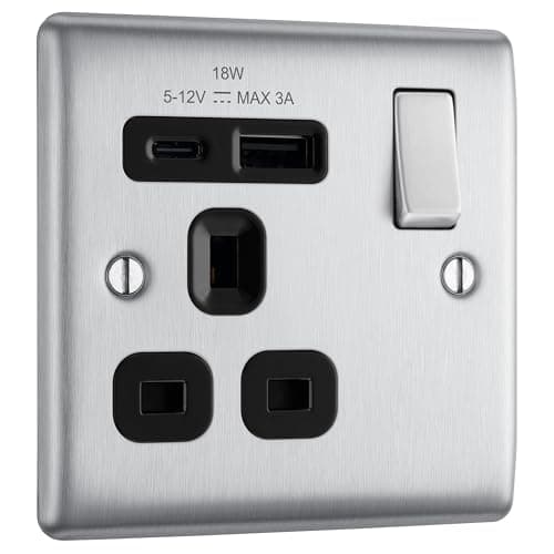 Image of BG Electrical 18W Single Switched Power Plug Wall Socket with Type A USB and Type C USB Charging Ports, Fast Charge, Round Edges, Nexus Metal, Brushed Steel, Black Inserts, 13A, NBS21UAC18B