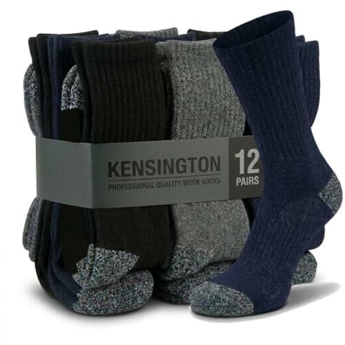 Image of Kensington Heavy Duty Work Socks – Big Foot 12 Pairs – Thick Cotton Boot Socks with Reinforced Heel & Toe – Built for Steel Toe Work Boots – UK 11-14