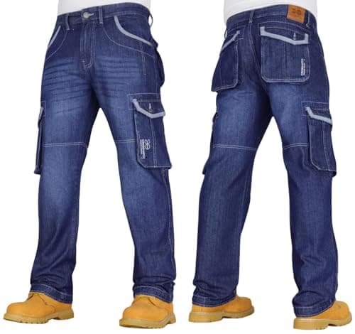 Image of Crosshatch Mens Combat Cargo Heavy Duty Denim Jeans Straight Leg Multi Pockets Pants for Work, Casual & Outdoors by Jeanbase Dark Wash 32W X 29L