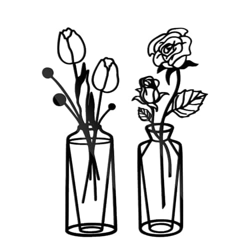 Image of BSITSSS 2 PCS Metal Wall Art Vase, Black Flowers Wall Art Decor, Elegant Tulips Roses Flower Walls Decor for Home Balcony Garden Kitchen Bathroom Living Room Indoor Outdoor