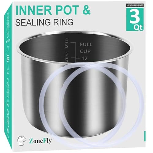 Image of Zonefly for Instant Pot 3 Qt Inner Pot Replacement insert, Stainless Steel Cooking Pot Liner with Polished Surface & Easy to Clean - 3Quart Instapot Rice Cooker Accessories, Includes 2pcs Seal Rings