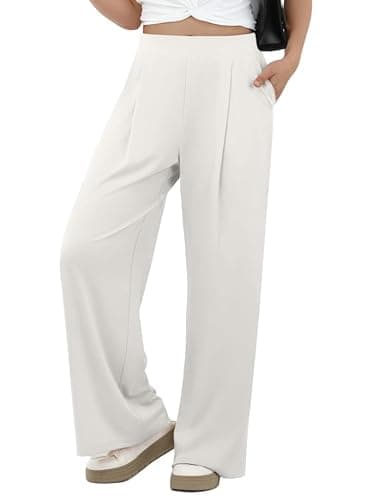 Image of GRECERELLE Womens Trousers Ladies Casual Wide Leg Pants Business Loose Commuter Pants Trousers Elasticated High Waist Yoga Culottes with Pockets for Women UK (White, XL)