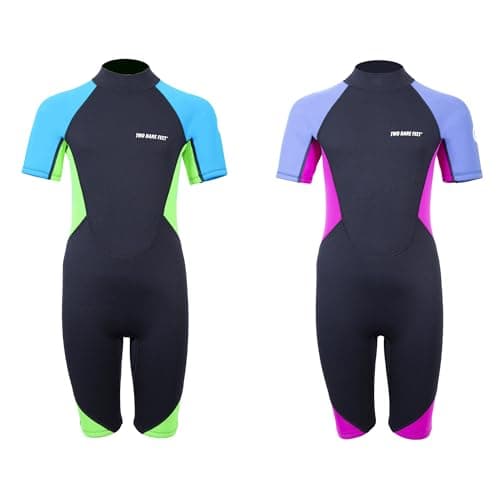 Image of Two Bare Feet Kids Super Stretchy Shorty 2.5mm Summer Wetsuit – Lightweight Neoprene for Swimming, Surfing & Water Sports (Bright Blue/Lime/Black, M)