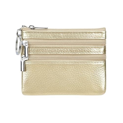 Image of Women's Genuine Leather Coin Purse Mini Pouch Change Wallet with Keychain, Gold