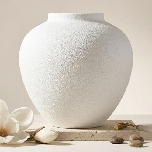 Image of Briful 11.4" Large Flower Vase for Home Decor - 29CM Tall Metal Vase for Flowers, Rustic Textured Iron Vases, Wide Mouth Centerpiece for Modern Farmhouse Table Living Room Entryway, Textured White