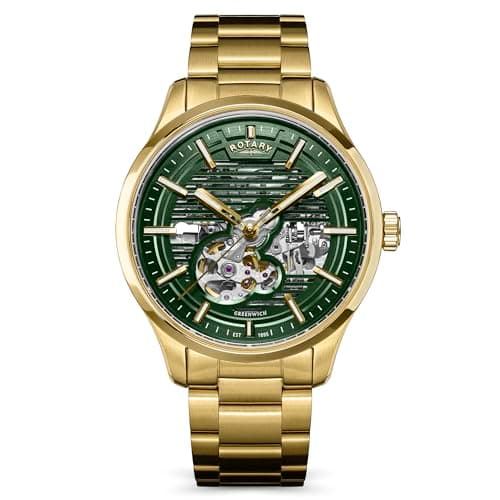 Image of Rotary Men's Greenwich Skeleton Automatic 100M Water Resistance Green Dial Gold Plated Stainless Steel Bracelet Watch