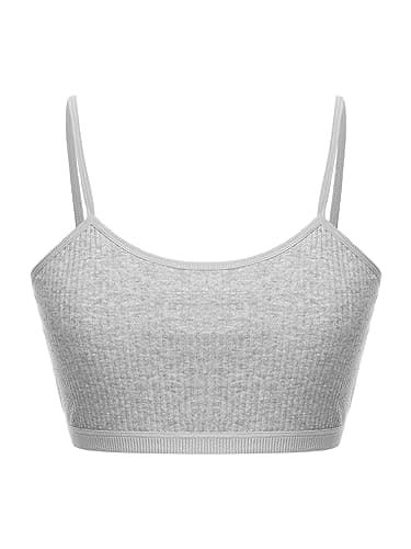 Image of Sywiyi Kids Girls Spaghetti Straps Crop Tank Top Solid Color Camisole Underwear Ribbed Bra Vest Bralette Sportwear Grey 8-10 Years