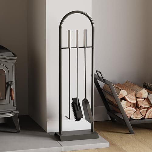 Image of Fire Vida 4 Piece Arc Fireplace Companion Set – Black & Chrome Modern Fireside Tool Kit with Stand – Includes Poker, Brush & Shovel – Ideal for Wood Burners, Open Fires & Fireplaces