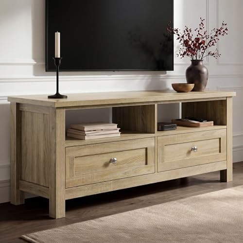 Image of Blisswood TV Unit for 40–50 Inch TVs, Painted Wooden TV Stand & Console with 2 Drawers & 2 Open Shelves, 120cm Entertainment Unit Cabinet for Living Room Bedroom, Space Saving (Oak)