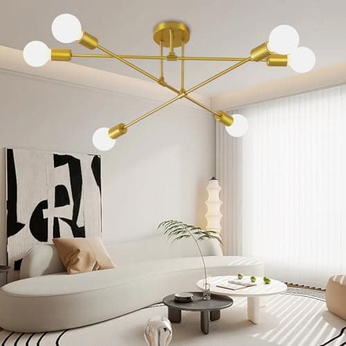 Image of Psatfito G Modern Chandelier Sputnik Ceiling Lamp, 6-Light E27 Industrial Style Chandelier, Simple Retro Lamp for Dining Room, Bedroom, Living Room - Gold [E-Class Energy Efficiency]