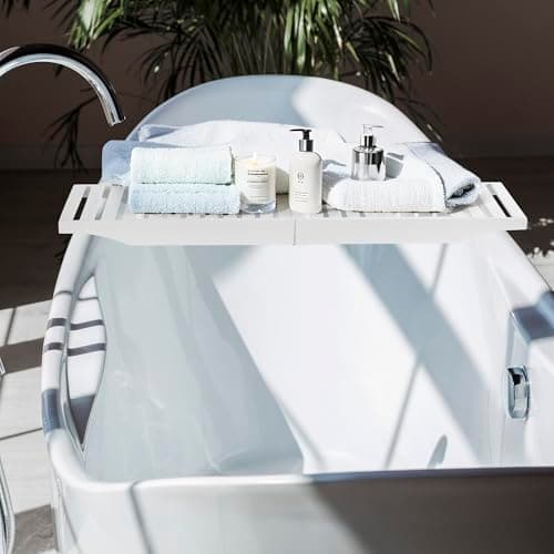 Image of Vencier Foldable Bamboo Bath Tub Rack – Adjustable Bathroom Shelf, Tidy Tray & Storage Caddy Organiser for Relaxing Spa Bath (White)