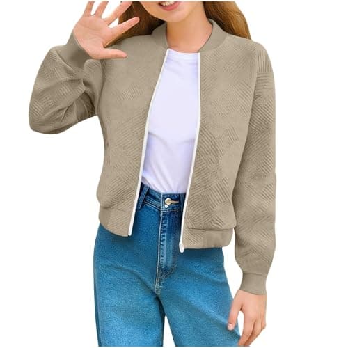 Image of duxyoz Bomber Jackets for Girls - Casual,Long Sleeves,Lightweight,Jacquard,Full Zip Up,Flight Jacket Coats Cropped Baseball Jacket Outwear Khaki 9-10 Years