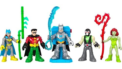 Image of Fisher-Price Imaginext DC Super Friends Batman Battle Multipack figure set of 5 characters with lights and accessories for kids ages 3 and up, HGX97